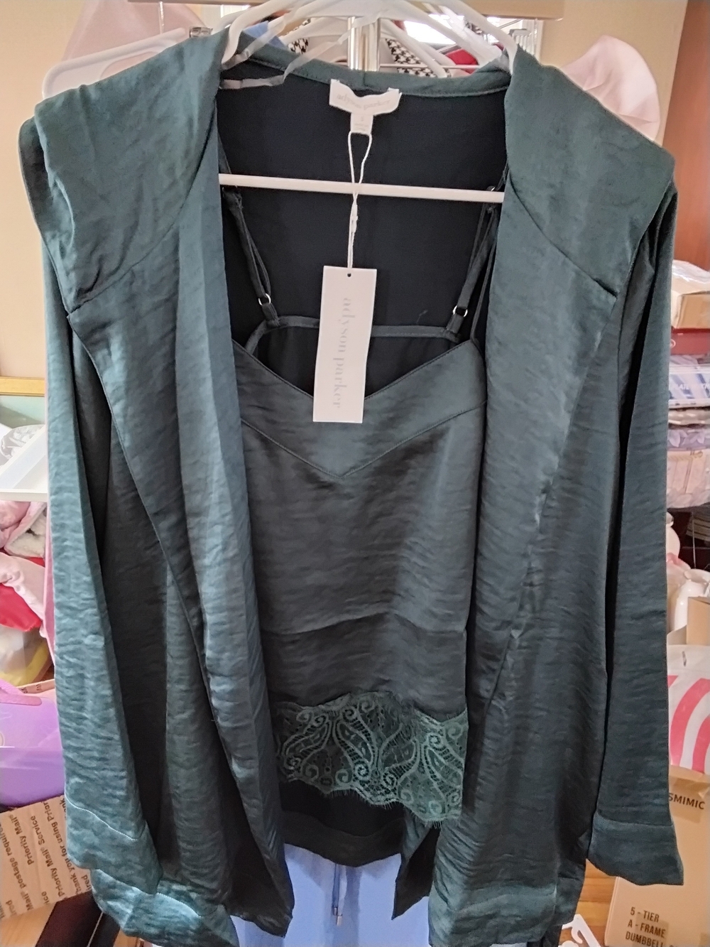 Adyson Parker Deep Teal Satin Camisole with With Hooded Belted Jacket